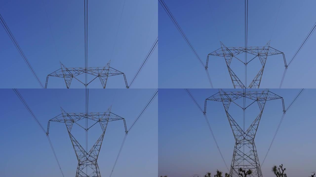三相交流电流线的现代能源电站模式。带电阱的电塔。