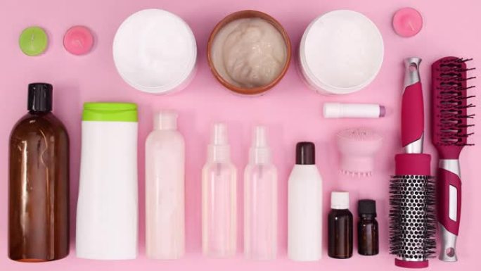 美容水疗和化妆品产品以柔和的粉红色为主题。停止运动