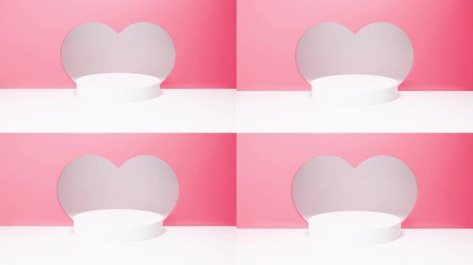 情人节舞台讲台模拟粉红心产品展示展示3d渲染。高级现代讲台。情人节节日贺卡，在爱的2月14日上有复制