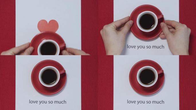 双手将咖啡放在带有情人节明信片的红色杯子上。顶视图，亲爱的。