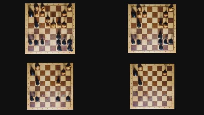 游戏结束后从棋盘上取下棋子。棋盘的俯视图，黑色背景。