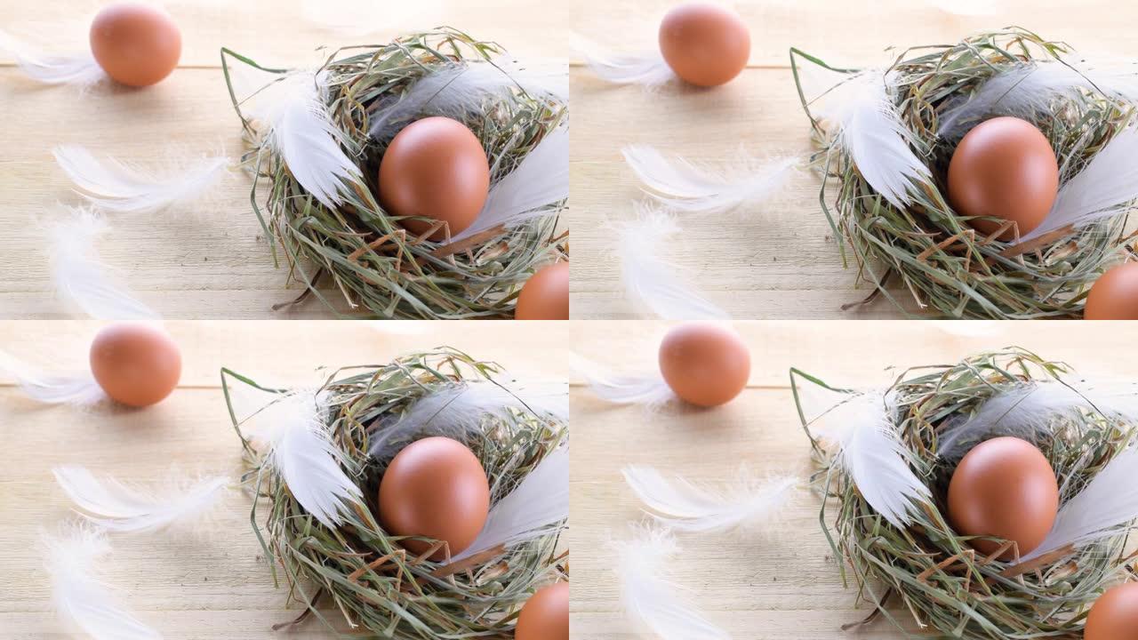 复活节彩蛋。复活节快乐装饰: 篮子里有春天郁金香的自然色鸡蛋，木质桌子背景上有白色羽毛。阳光照射下的