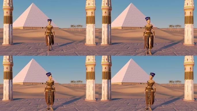 纳芙蒂蒂女王在吉萨大金字塔前，在古庙中可以看到沙漠。历史动画。埃及开罗吉萨谷的大金字塔