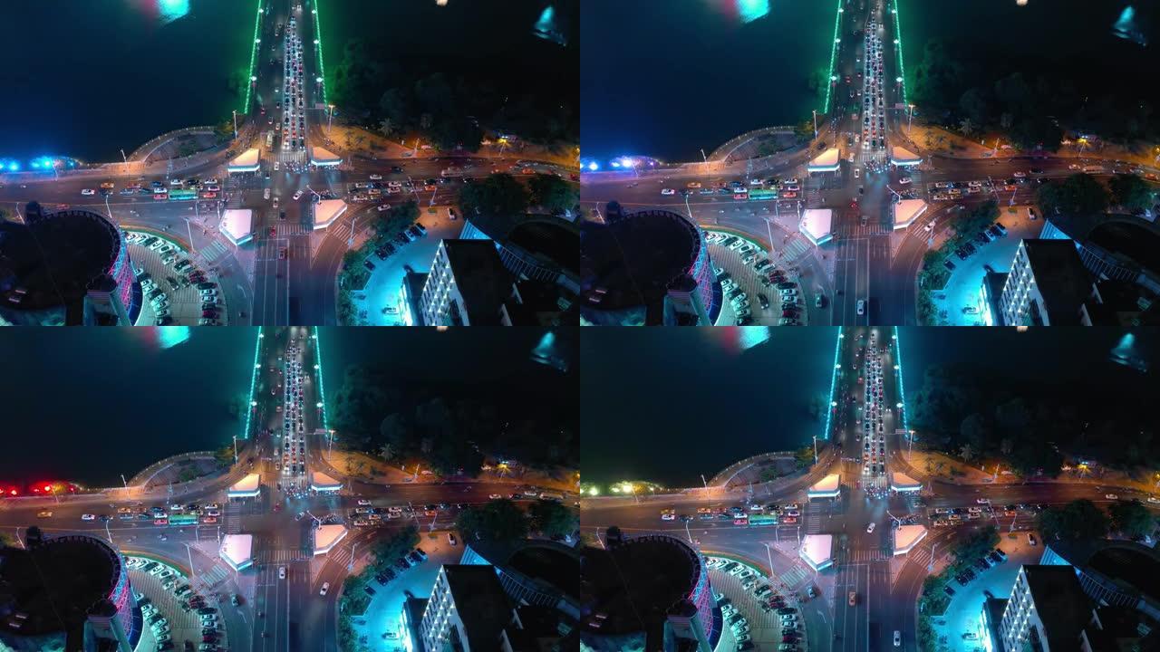 夜间照明海南岛三亚市交通街空中俯视图4k中国