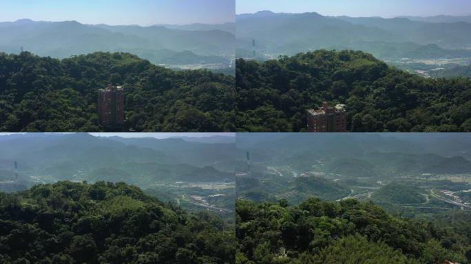 晴天台北市山地公园公寓大楼正面空中全景4k台湾