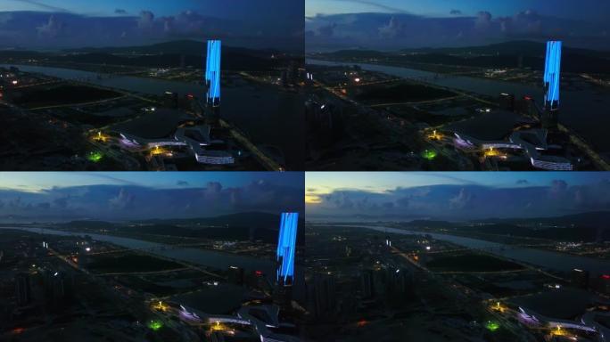 夜间照明珠海国际会展中心海湾航空全景4k中国