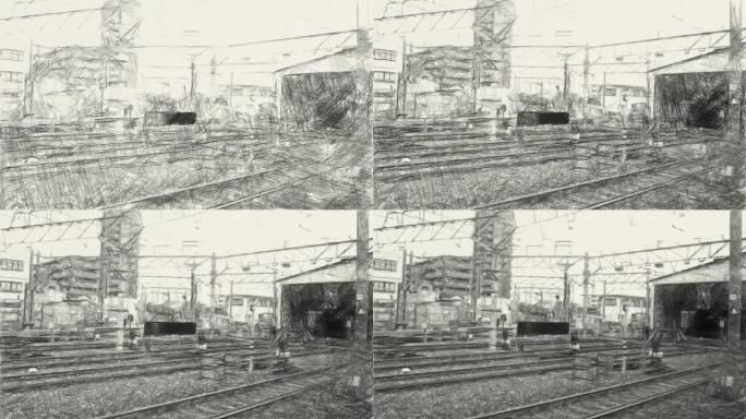 火车站背景的黑白图