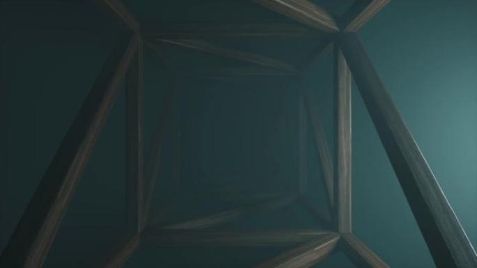 方形木制无尽隧道，带有明亮的体积闪烁的蓝光。抽象科幻背景。走廊。未来主义概念。木板的建造。向前迈进。