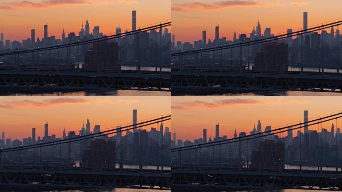 日落时分，在RFK大桥和阿斯托里亚的经济适用房项目上，曼哈顿天际线轮廓的远处景色。带有平移摄像机运动
