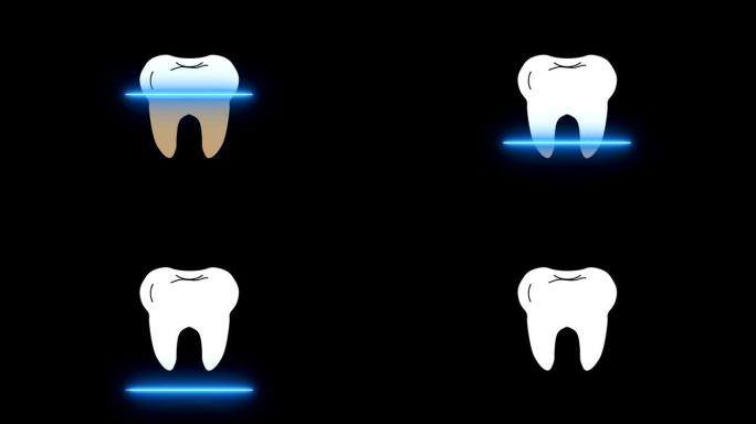 风格化的视频，在黑色背景上从牙菌斑中清洁和处理牙齿的过程以及灯光效果