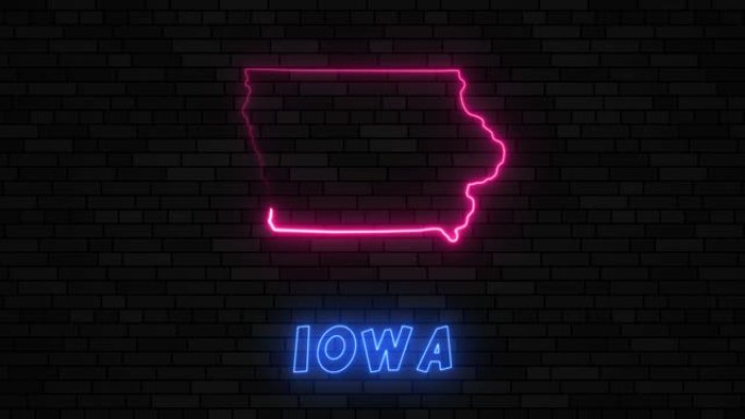 爱荷华州地图剪影，深色砖墙背景上有霓虹灯线
