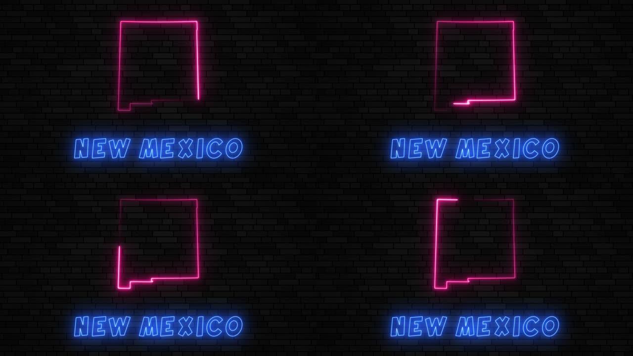 新墨西哥州地图剪影，深色砖墙背景上有霓虹灯线