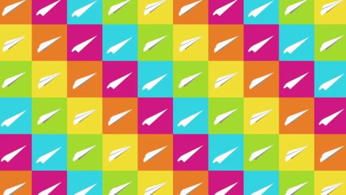 手工纸飞机收藏。彩色背景上流动的白纸平面的循环动画。业务连接概念。折纸飞机飞行。