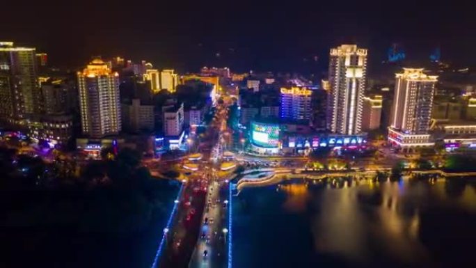 夜间照明三亚河交通街空中全景延时4k中国