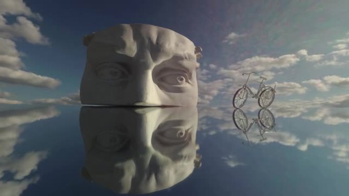 石膏石膏头，镜子和云上的自行车符号，延时