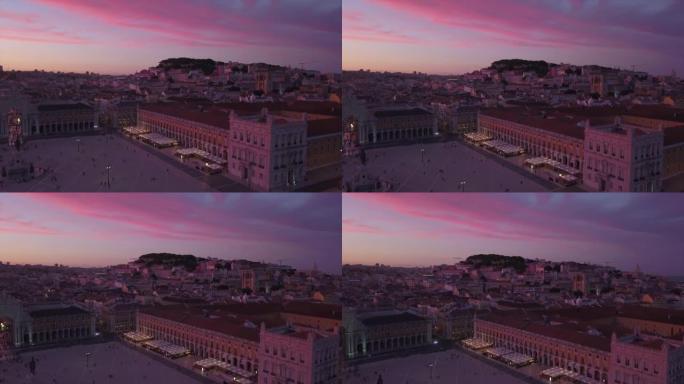晚日落天空里斯本城市著名广场空中全景4k葡萄牙
