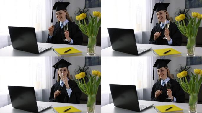 网上毕业庆典-幸福女人用笔记本电脑和大学朋友一起喝香槟