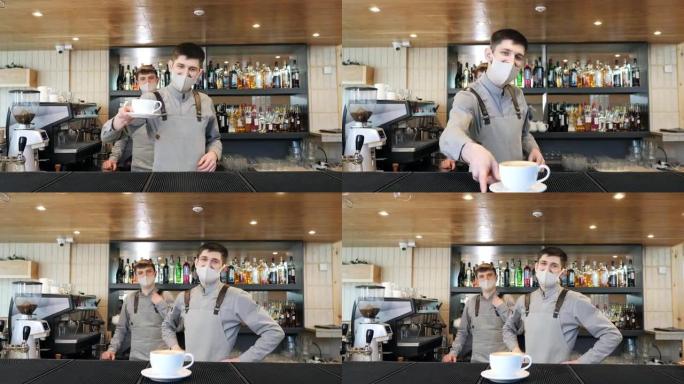 英俊的咖啡师在现代咖啡馆的酒吧里给客户喝咖啡