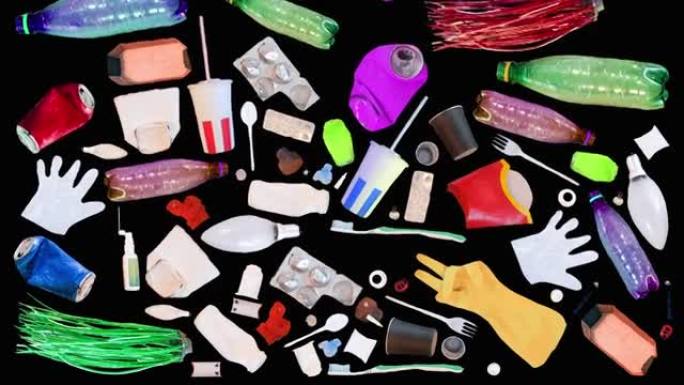 生活垃圾环境污染概念。废塑料、袋子、玻璃、金属、纸张的单独收集和回收。黑色背景上的一组动画。闪屏，截