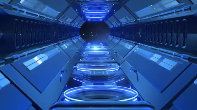 蓝色网络空间飞越终结门未来概念。隧道辉光元素反射3D渲染，4k运动