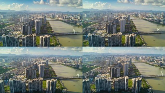 中国晴天珠海市著名生活街区河畔航空全景4k延时