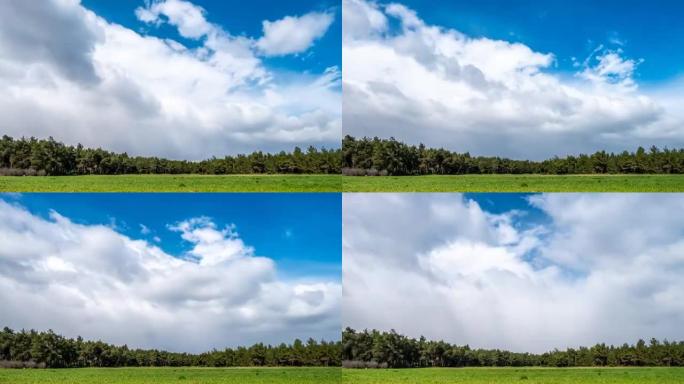 在大风天气下，云层在农田上的通过。