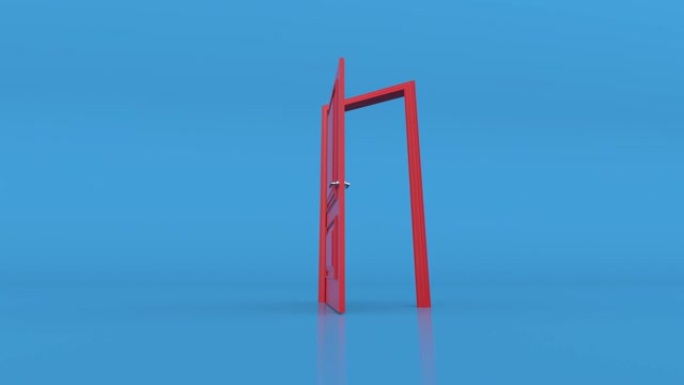 打开蓝色背景上的红色门。3d动画，4K