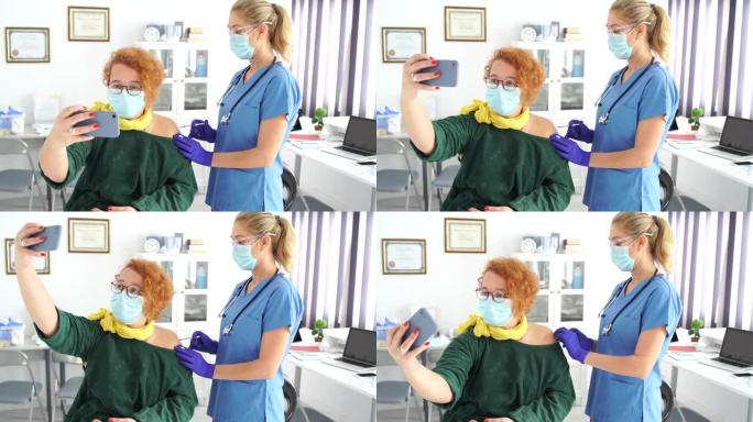 4k视频: 戴着防护口罩的女人在医生办公室接种新型冠状病毒肺炎疫苗时自拍