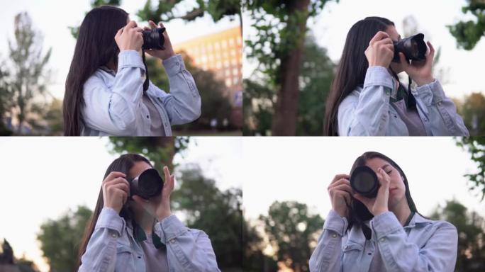 在街上工作的女性专业摄影师，使用照相相机制作照片