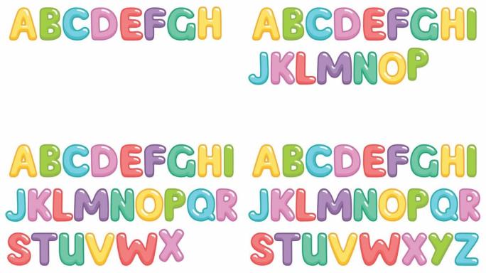 带彩色字母的动画儿童字体。白色背景上彩色字母的视频。明亮的矢量插图。