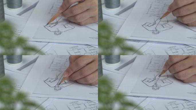 设计师在纸上用铅笔手绘