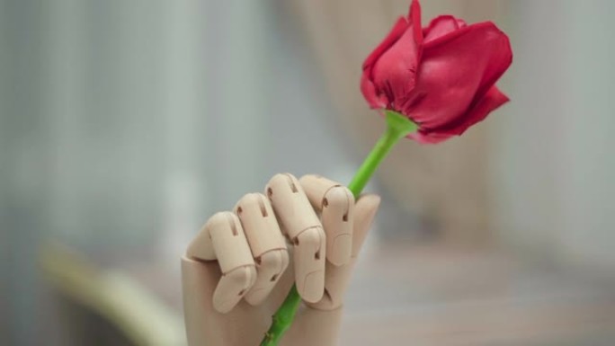 木制人的手拿着一朵红玫瑰。
