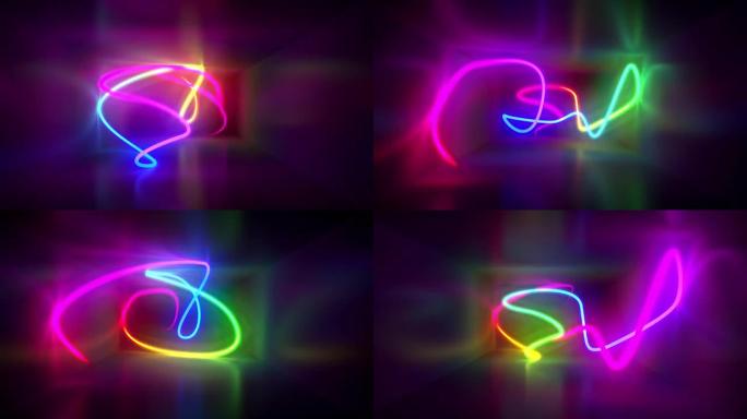 五颜六色的发光线条在未定义的空间中绘制。