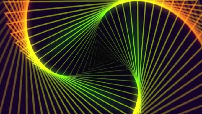 复古背景抽象发光未来派走廊三角网格线框隧道运动无穷波无缝环路4k分辨率。赛博朋克几何荧光紫外线。