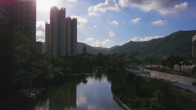 珠海市晴天生活公寓街区河湖空中全景4k中国