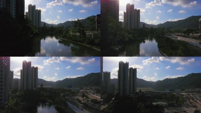 珠海市晴天生活公寓街区河湖空中全景4k中国