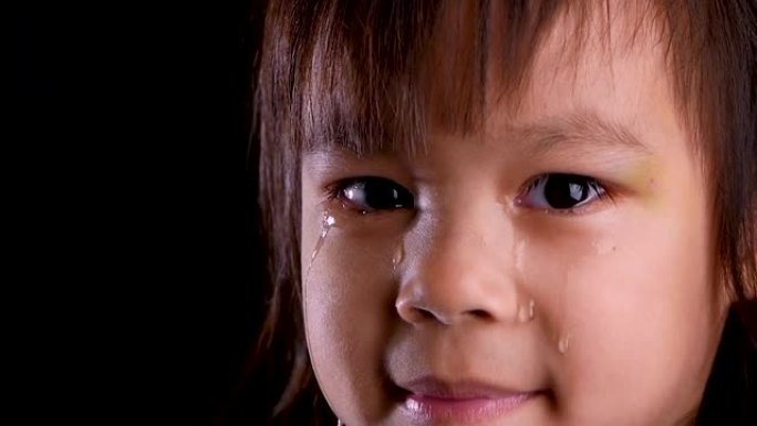 在家里的黑暗房间里，悲伤的小女孩哭泣的特写脸肖像。不幸童年的概念。