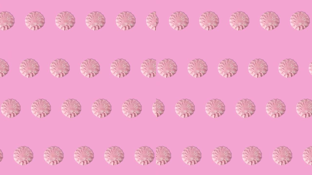 无缝循环动画，在粉红色背景上有两排许多粉红色棉花糖，复制空间