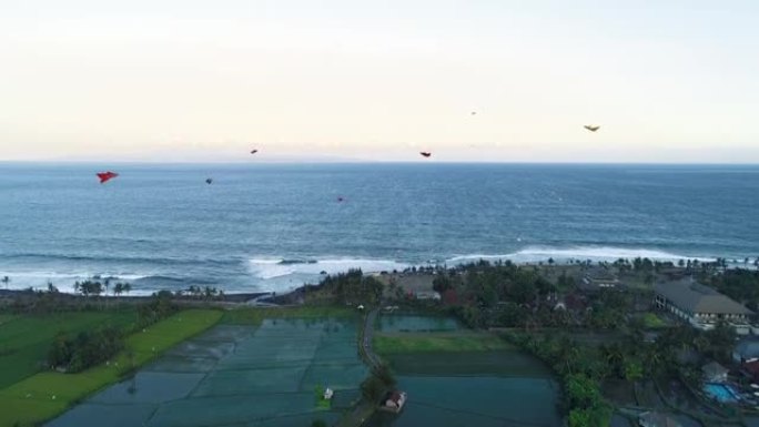 许多风筝在海洋鸟瞰图附近飞翔