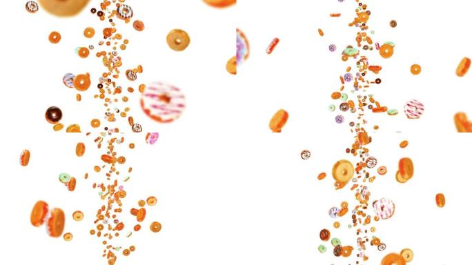 在白色背景上飞行许多彩色甜甜圈。甜甜圈蛋糕，糖果，甜点。甜甜圈旋转的3D动画。循环动画。