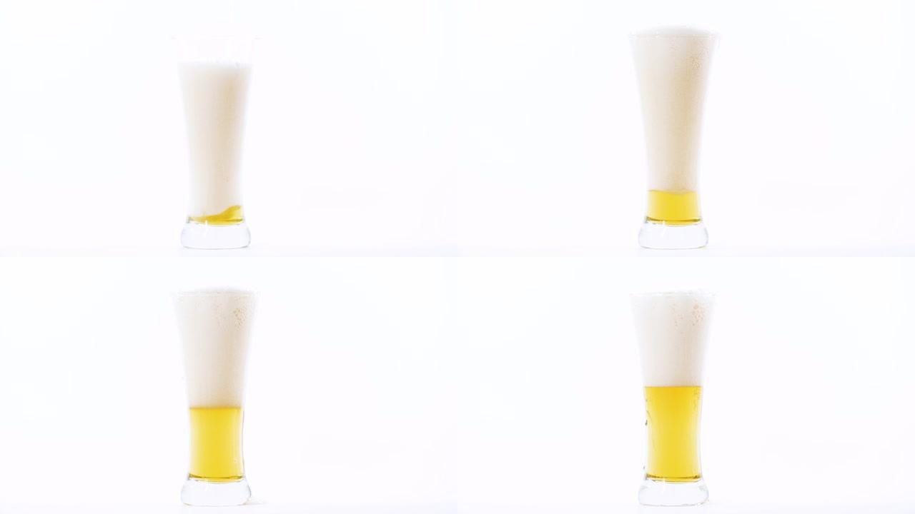 特写镜头将啤酒倒入白色背景的杯子中