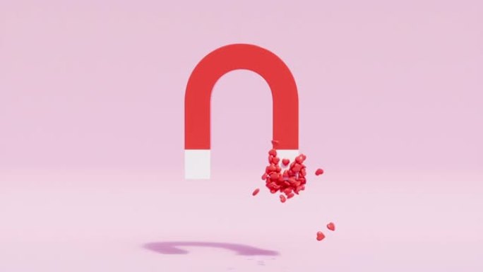 红色心形跟随粉红色背景上的磁铁。情人节最小概念的想法。3D动画。