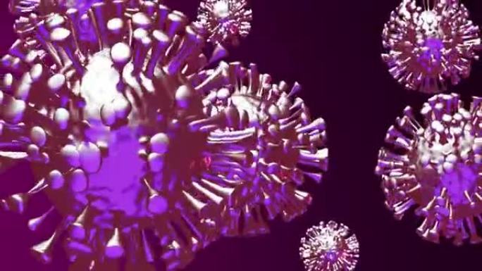 旋转程式化covid 19病毒特写在深紫色背景。无尽循环3D渲染