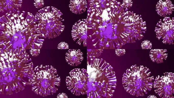 旋转程式化covid 19病毒特写在深紫色背景。无尽循环3D渲染