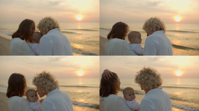 慈爱的母亲和她的孩子在海上