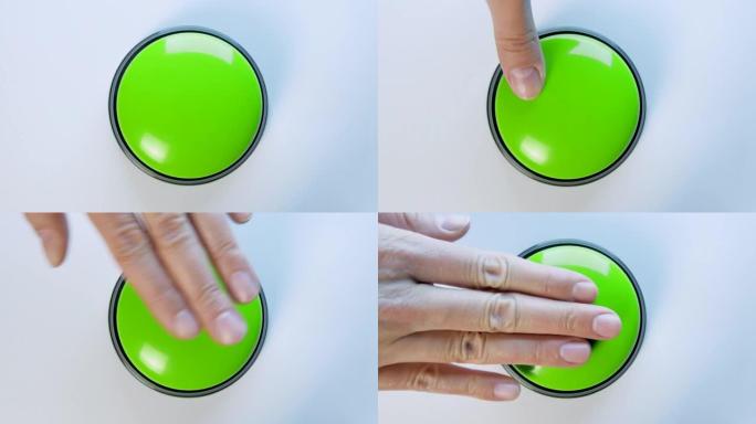 年轻女子用手指和手掌按下绿色按钮。按下圆形光泽按钮，俯视图。激活，发射一些东西。打开和关闭。
