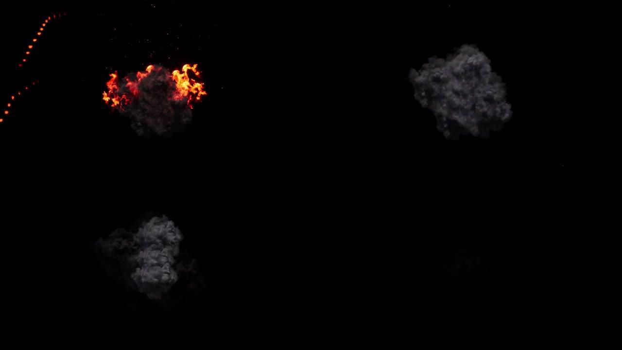 Inferno在屏幕中央爆发红色火焰，黑烟上升到顶部，烟花效果由Alpha通道隔离 (透明背景) Q