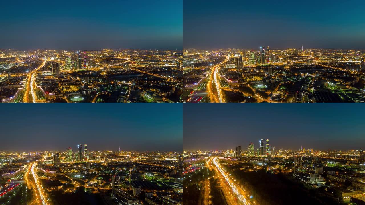 夜间日落天空莫斯科城市景观交通街道全景4k超延时俄罗斯