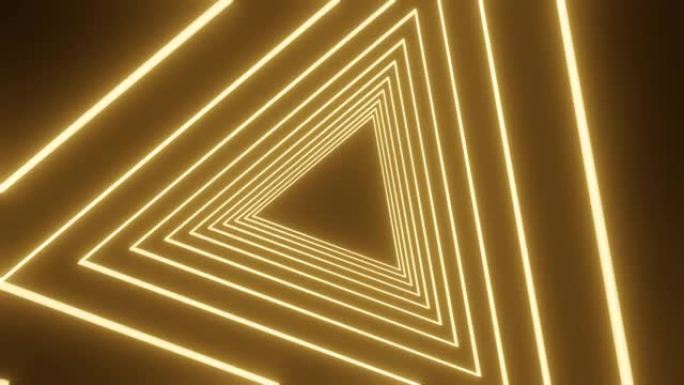3d动画抽象背景霓虹三角光效果。背景的4k 3d渲染，横幅设计。美丽的金三角隧道在运动图形。
