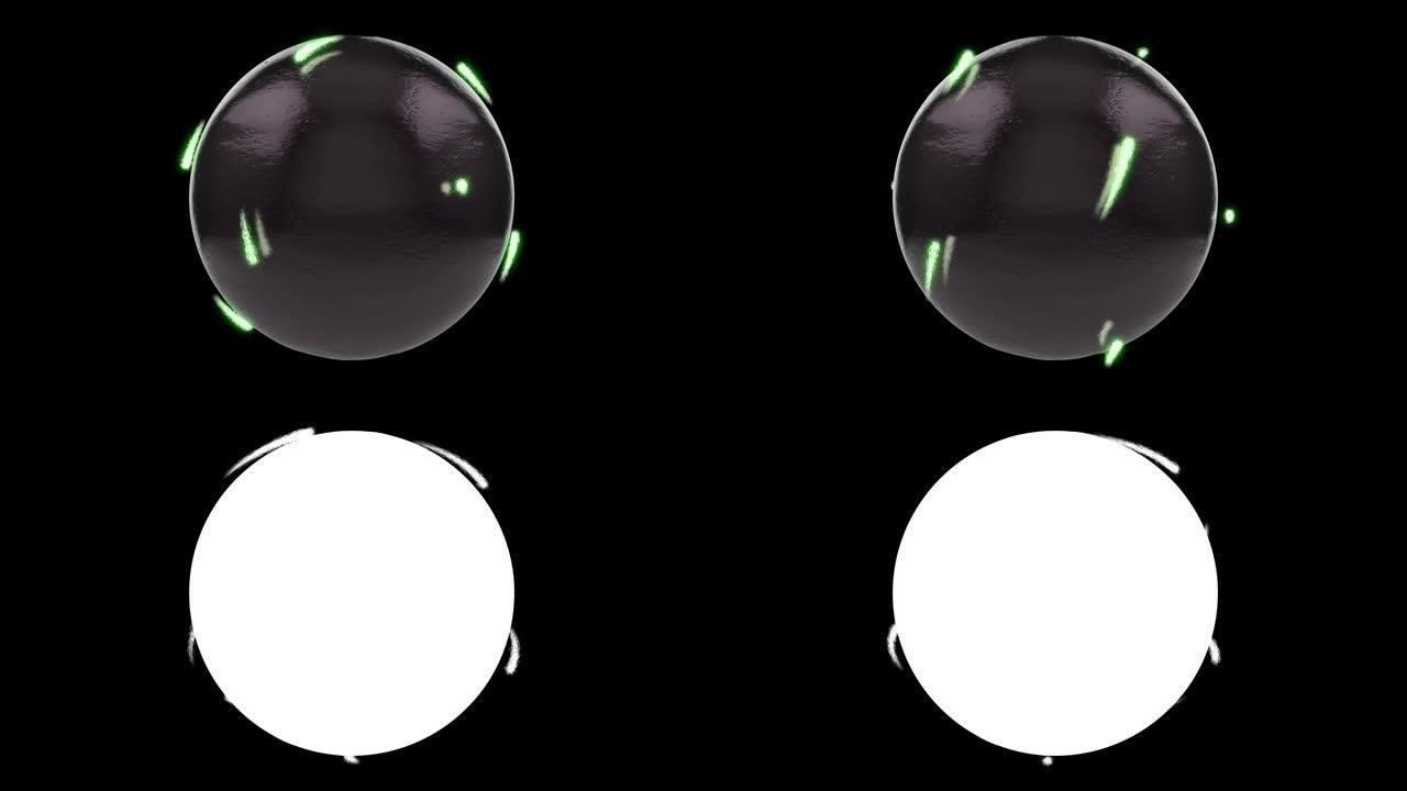 带有阿尔法通道的未来球。围绕球体移动的氖粒子。无缝模式。